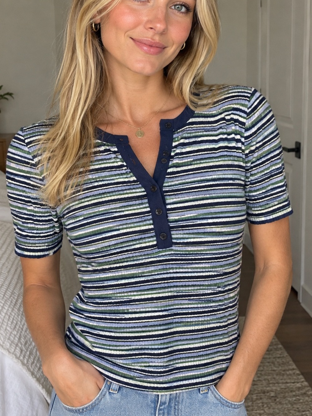 Abercrombie & Fitch Striped Henley Short Sleeve Top